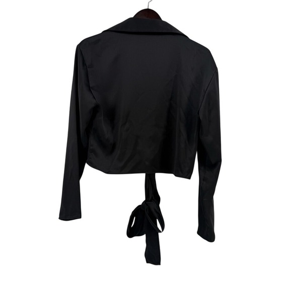 Zara Womens Black Satin Cropped Tie Front Long Sleeve Collared Blouse Size L - Picture 6 of 6